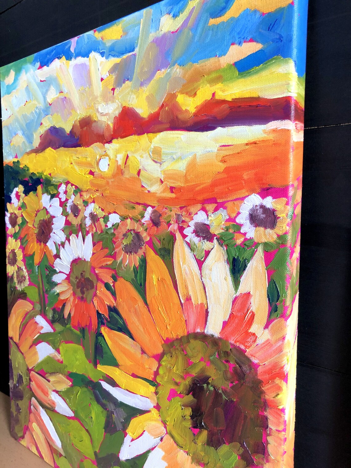 Sunflower Field Oil Painting with Vibrant Blooms and Sunset Poster - Image 5