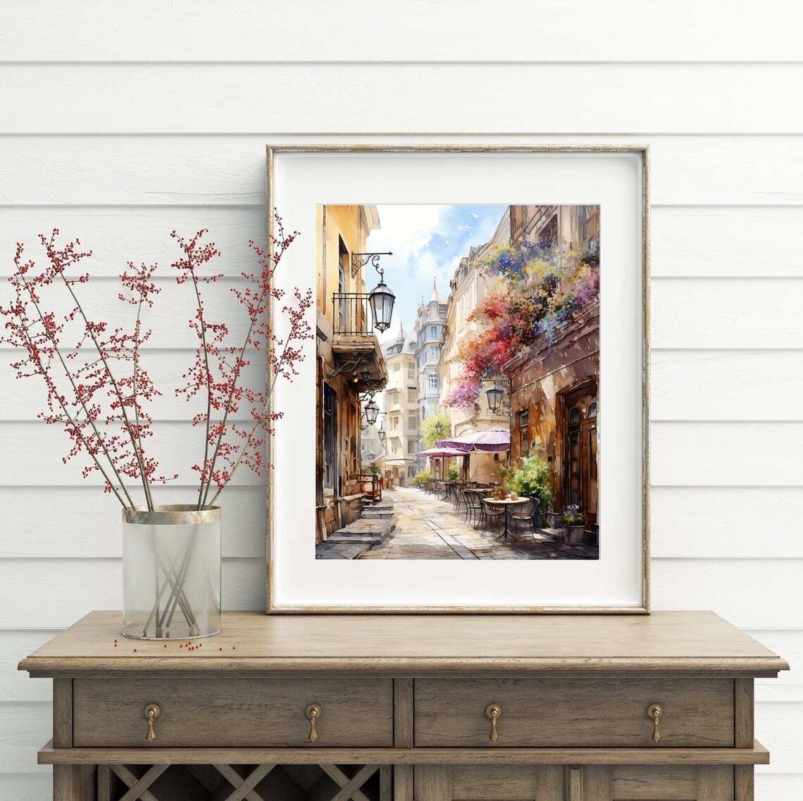 European Old Town Street with Cafes and Lanterns Watercolor Poster - Image 5