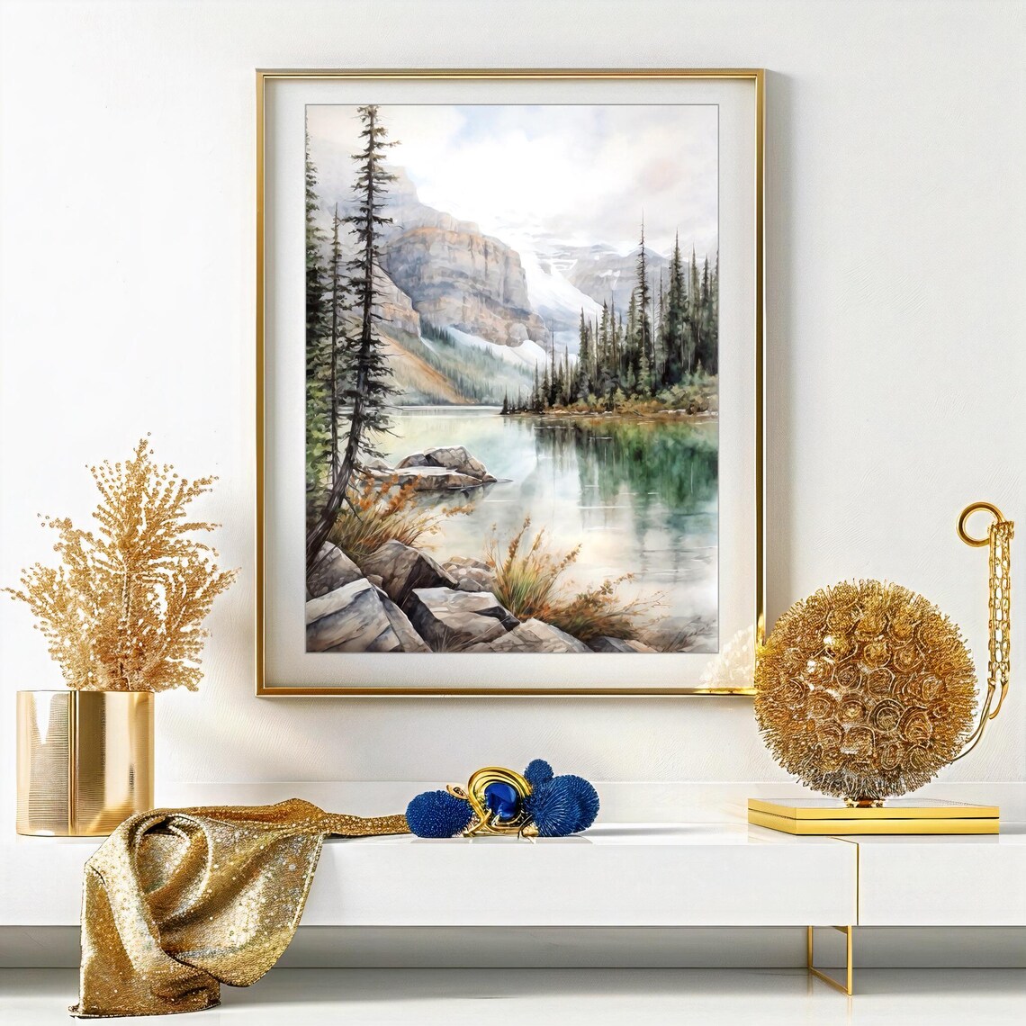 Banff National Park Rocky Lake Pine Shore Watercolor Mountain Poster - Image 2