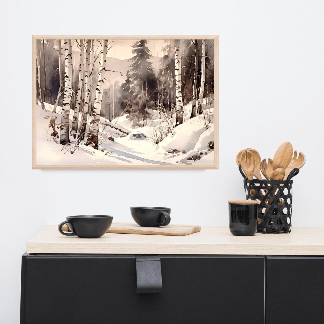 Snowy Birch Forest Winter Snowfall Trees Black White Art Poster - Image 2