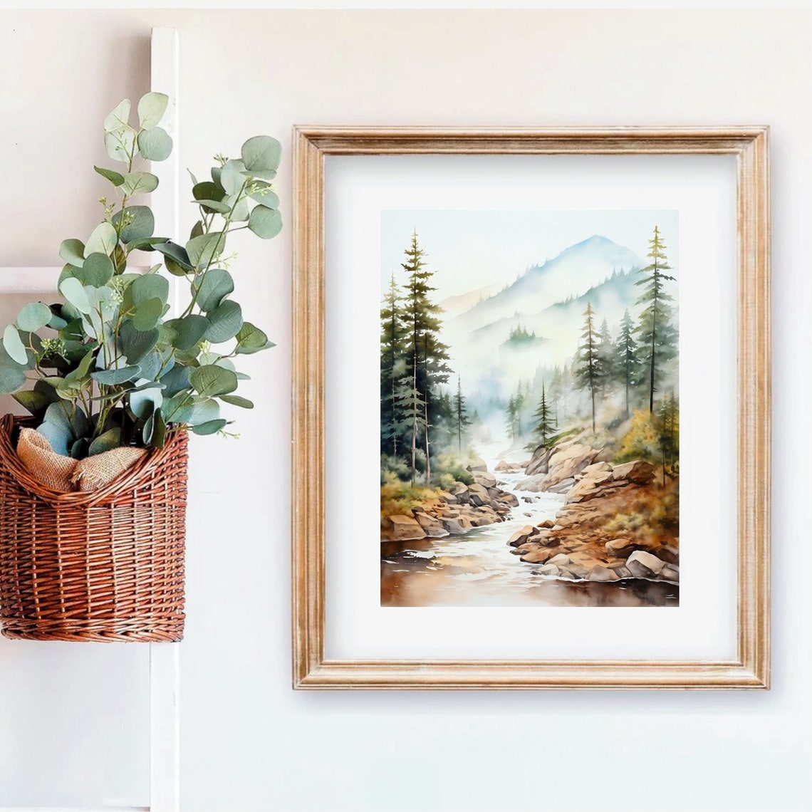 Misty Mountain Stream Watercolor with Pines and Soft Light Print - Image 4