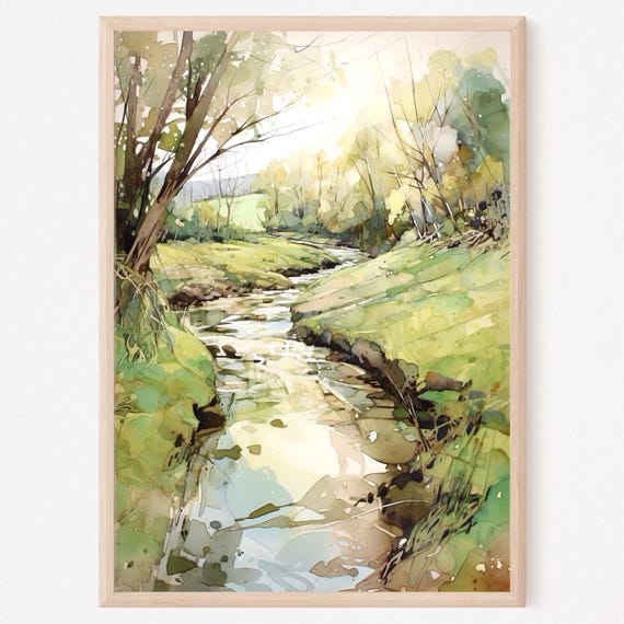 Nature Landscape Watercolor Painting Art Print Countryside Landscape Small River Wall Art Farmhouse Wall Decor Gift Ideas