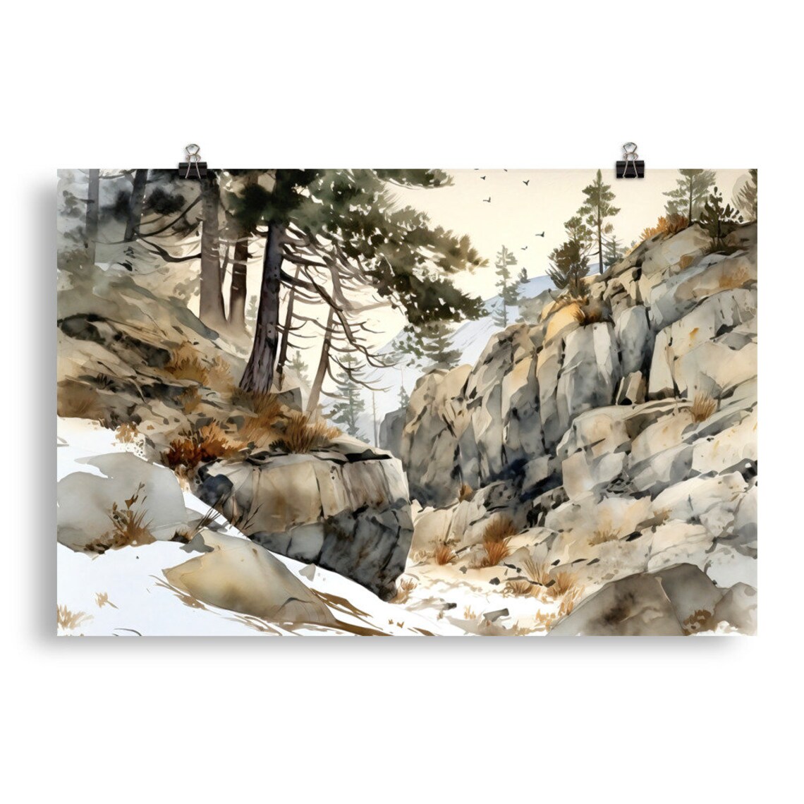 Snowy Rocky Mountainside Watercolor with Pines and Birds Print - Image 5