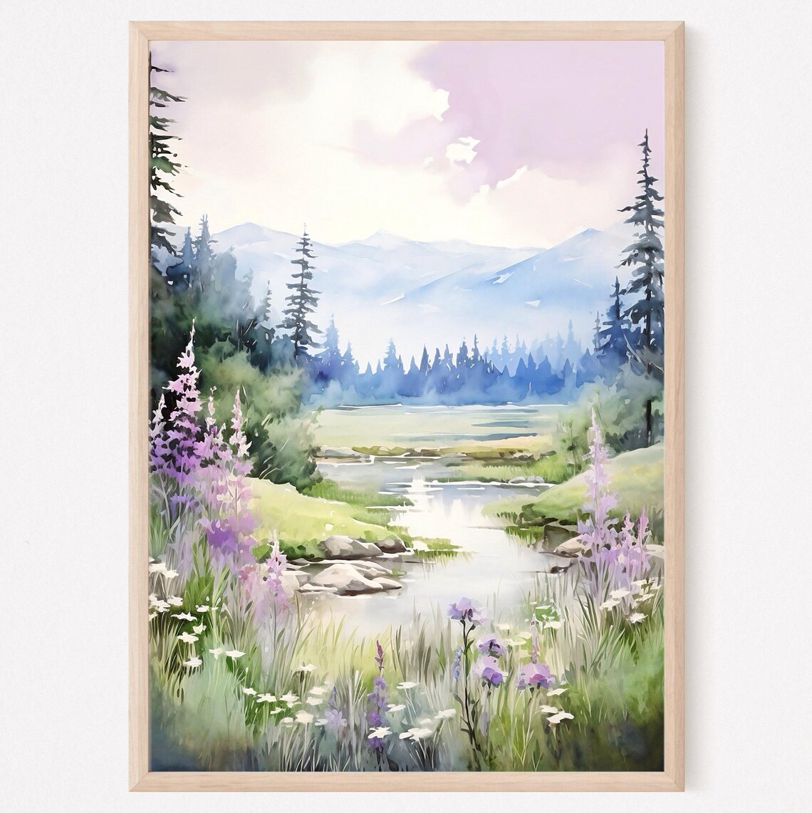 Foggy Mountains River Landscape Watercolor Art Print