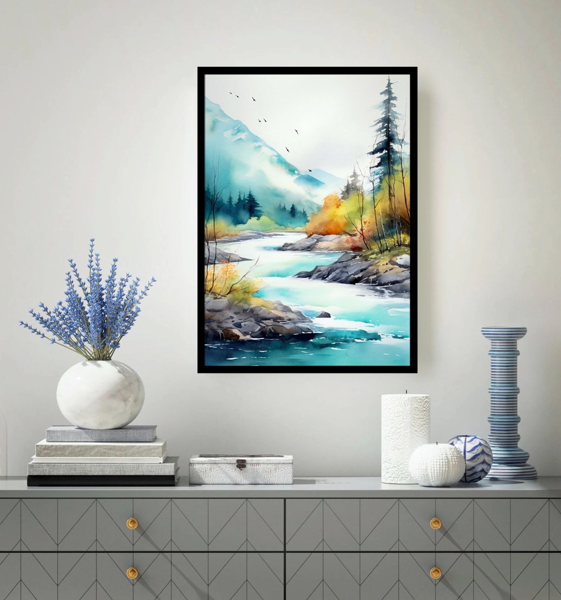 Misty Autumn River Watercolor with Blue Mountains and Birds Poster - Image 5