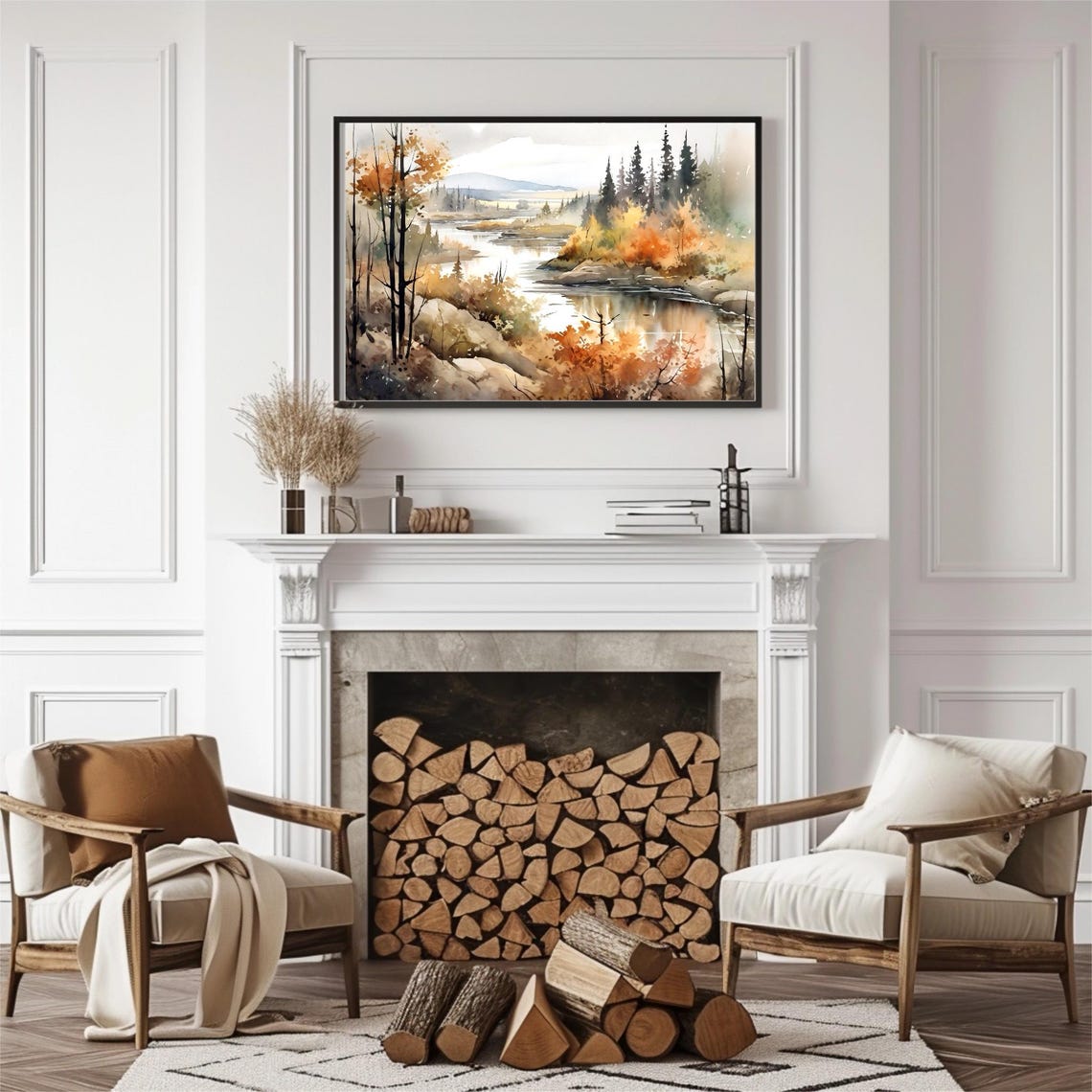 Autumn River with Golden Foliage and Bare Trees Watercolor Poster - Image 4