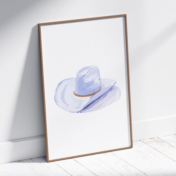 Light Purple Cowgirl Hat Oil Painting Western Wall Art Preppy Decor Rodeo Coastal Print