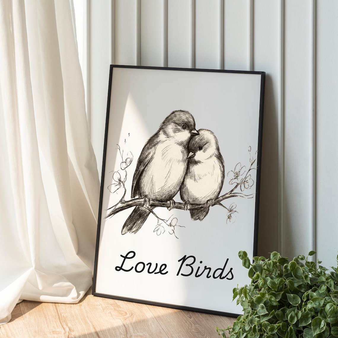 Love Birds Digital Print Sepia Watercolor Illustration Download