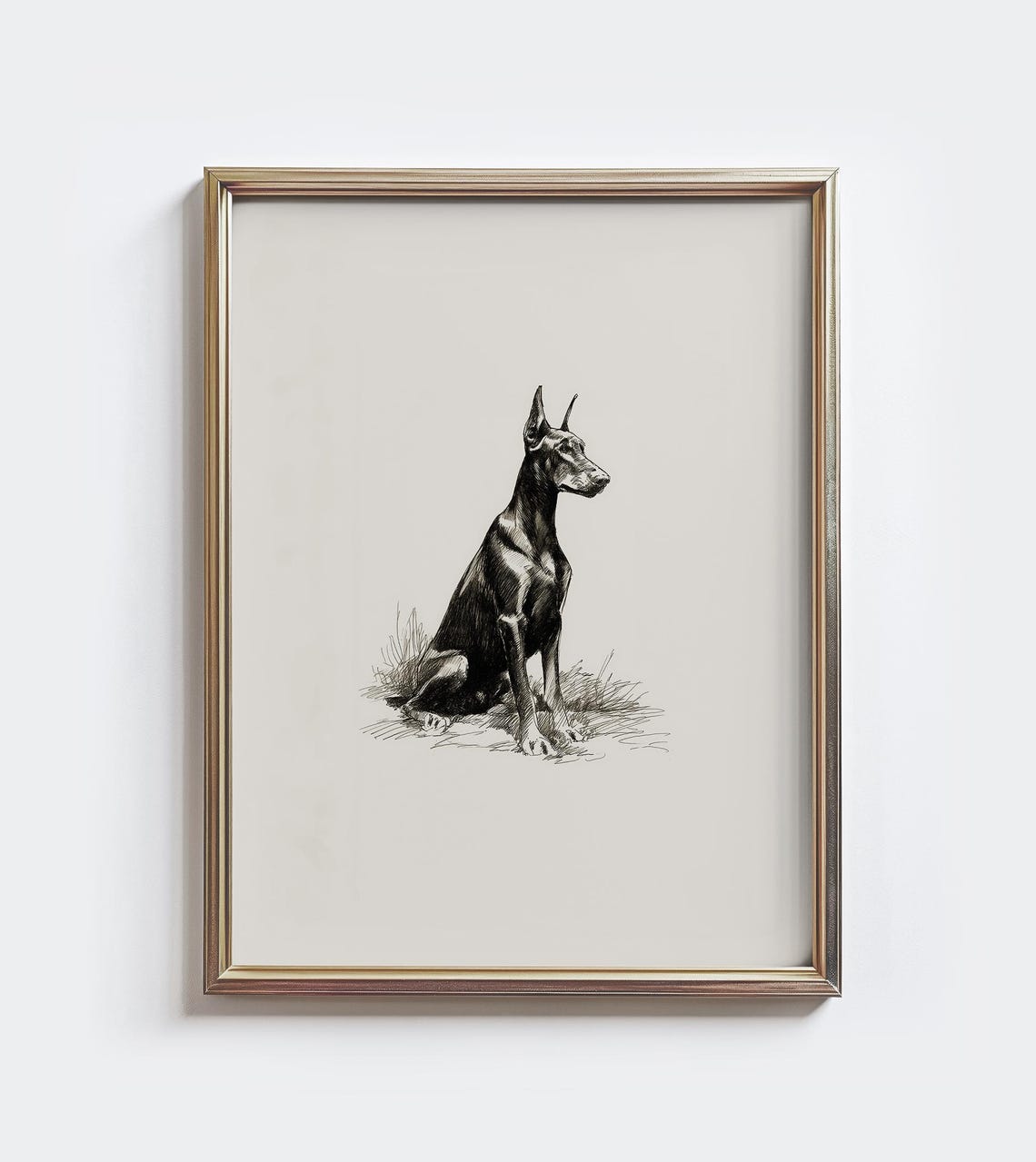 Doberman Pinscher Sitting Vintage Sketch Dog Portrait Wall Art Decor