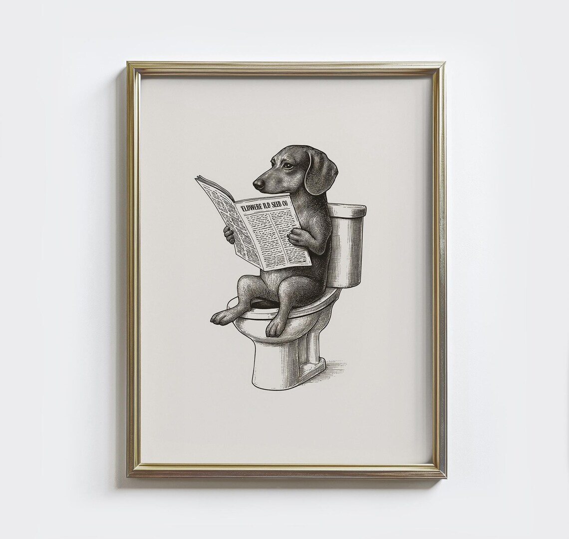 Dachshund On Toilet Funny Vintage Dog Bathroom Art Print