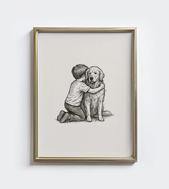 Golden Retriever And Boy Vintage Sketch Print Dog Drawing Art Nursery Wall Decor