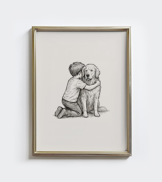 Golden Retriever Boy Hugging Sketch Vintage Dog Friendship Nursery Art Poster
