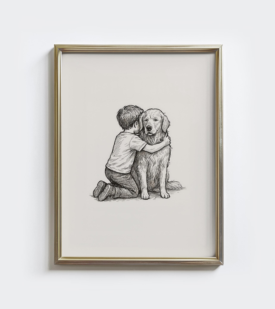 Golden Retriever Boy Hugging Sketch Vintage Dog Friendship Nursery Art Poster