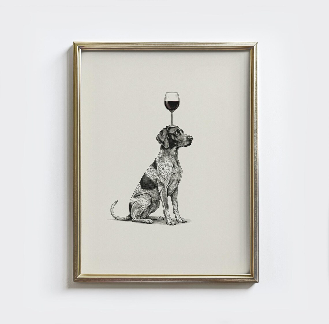 German Shorthaired Pointer Balancing Wine Glass Sketch Funny Dog Bar Art Poster