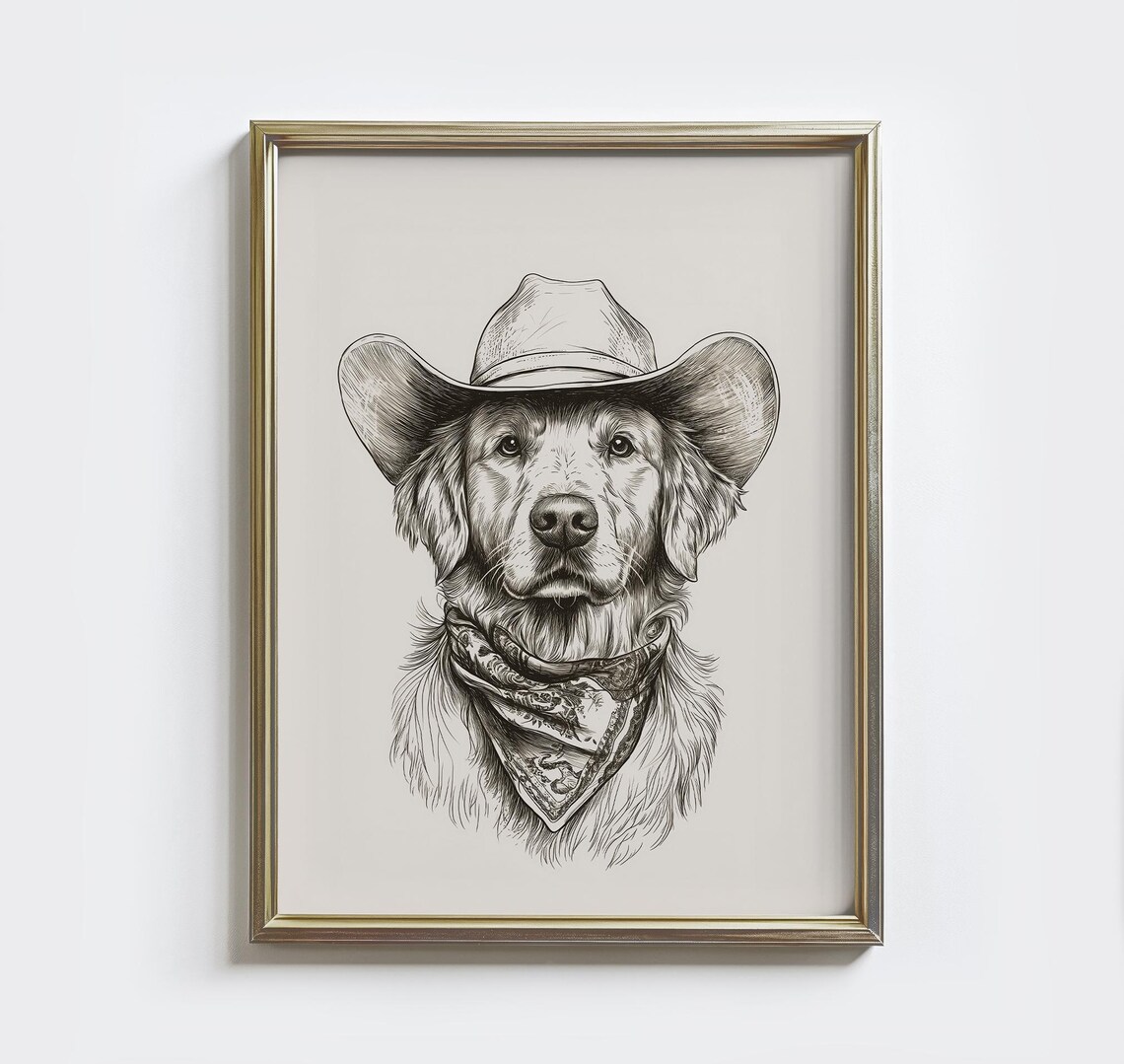 Golden Retriever Cowboy Sketch Print, Western Farmhouse