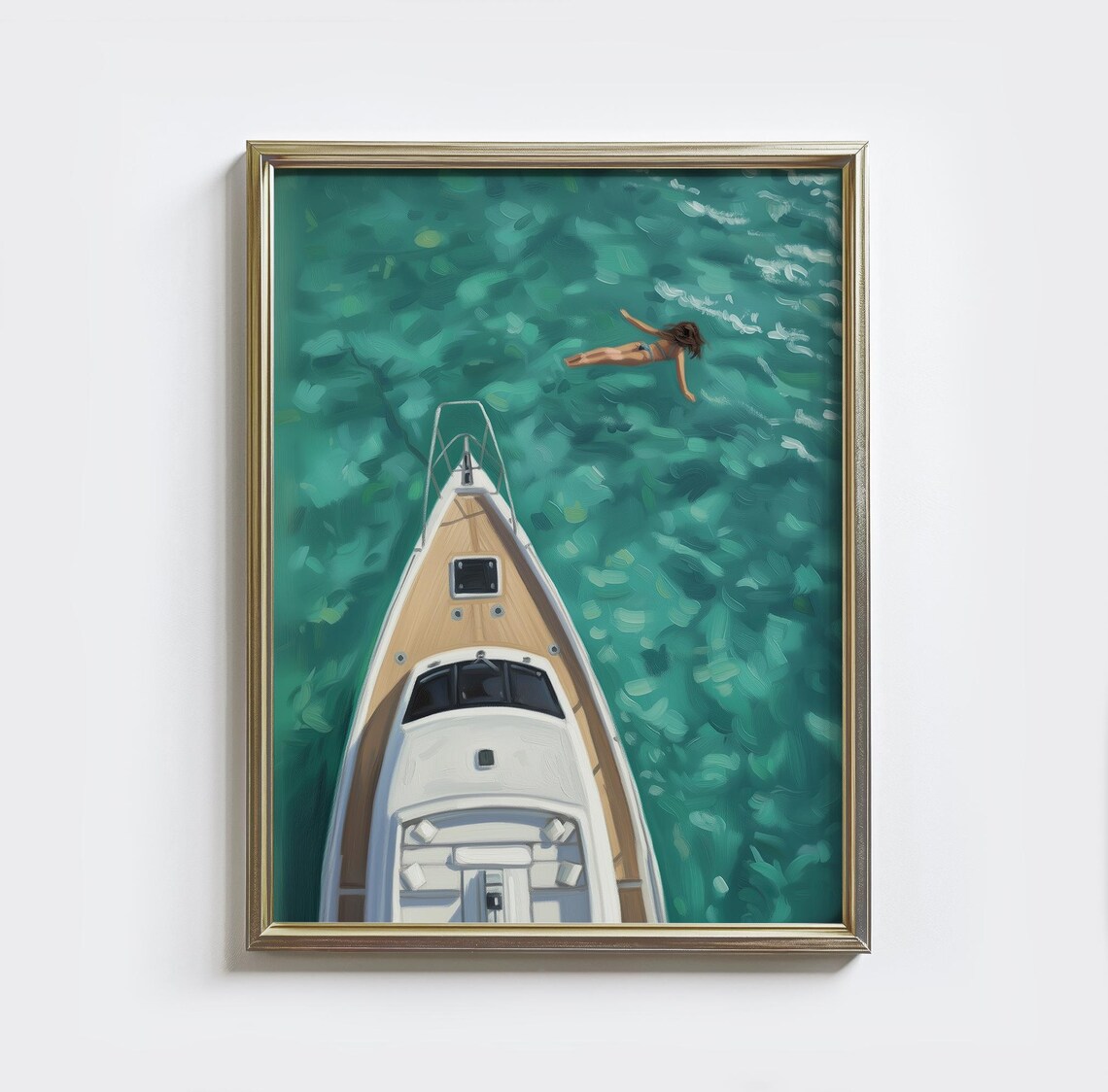 Woman Swimming off Yacht Bow in Turquoise Ocean Luxury Travel Poster