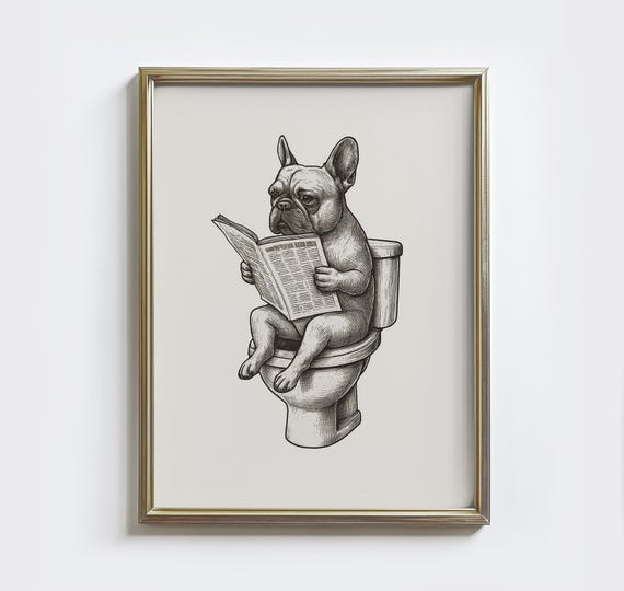 Funny French Bulldog Toilet Print Vintage Bathroom Art