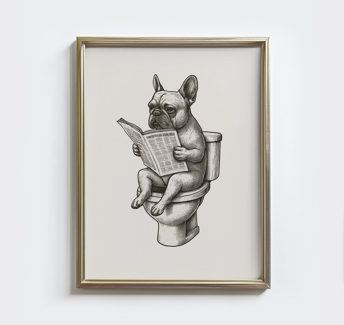 Funny French Bulldog Toilet Reading Newspaper Vintage Sketch Bathroom Art Poster