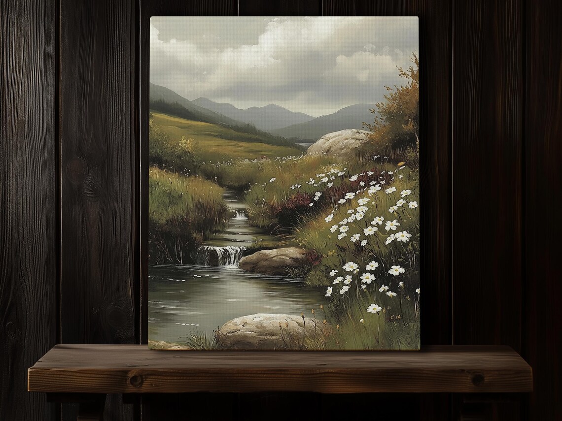 Vintage Stream Landscape Wildflowers Moody Countryside Canvas Poster