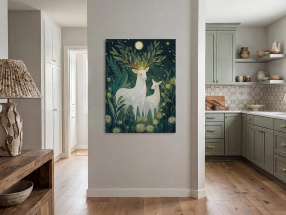 White Deer Enchanted Nature Print On Canvas Whimsical Scenery Framed Wall Art Green And Colors Home Decor
