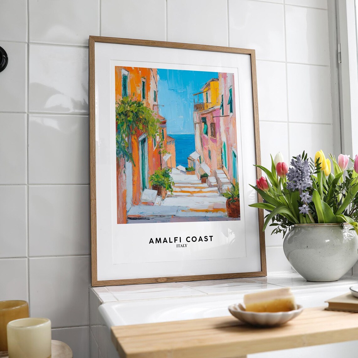 Amalfi Coast Italy Mediterranean Village Lane Painting Style Poster