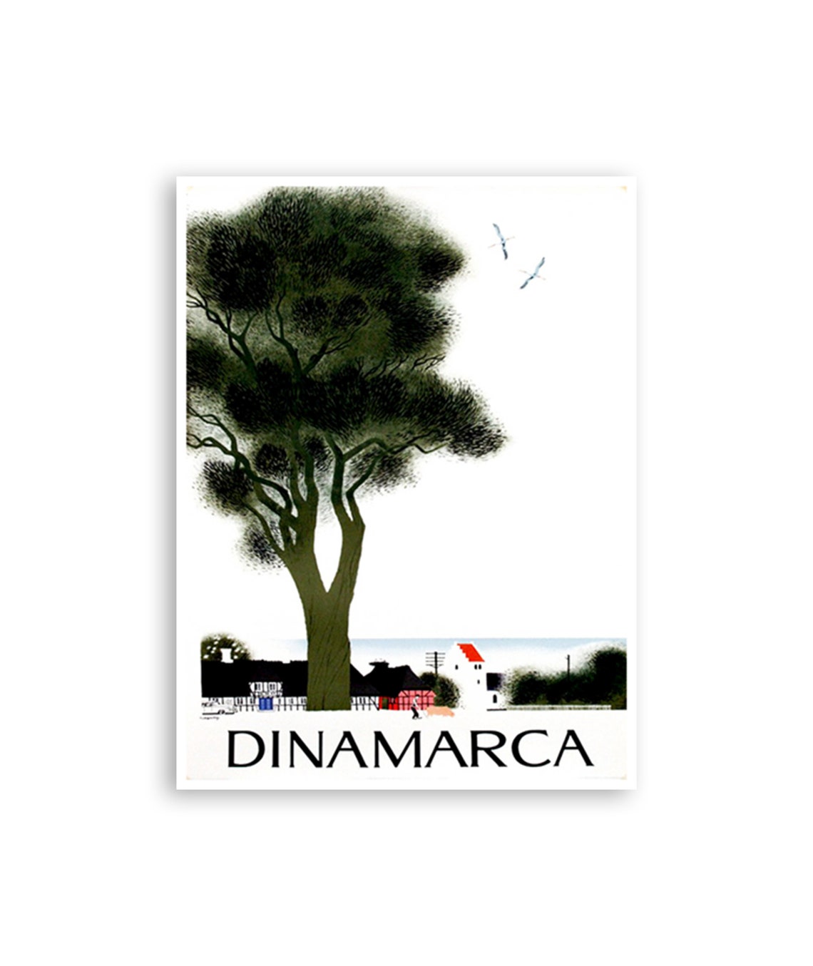 Dinamarca Denmark Vintage Travel Poster With Village and Big Tree Art