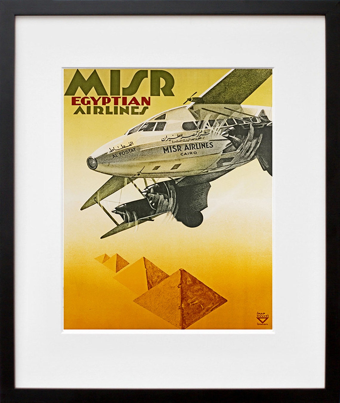 Misr Egyptian Airlines Al Fostat Vintage Biplane Pyramids Poster