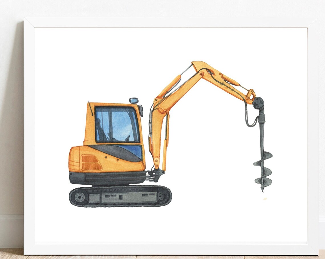 Auger Excavator Watercolor Orange Drill Truck Boys Nursery Poster