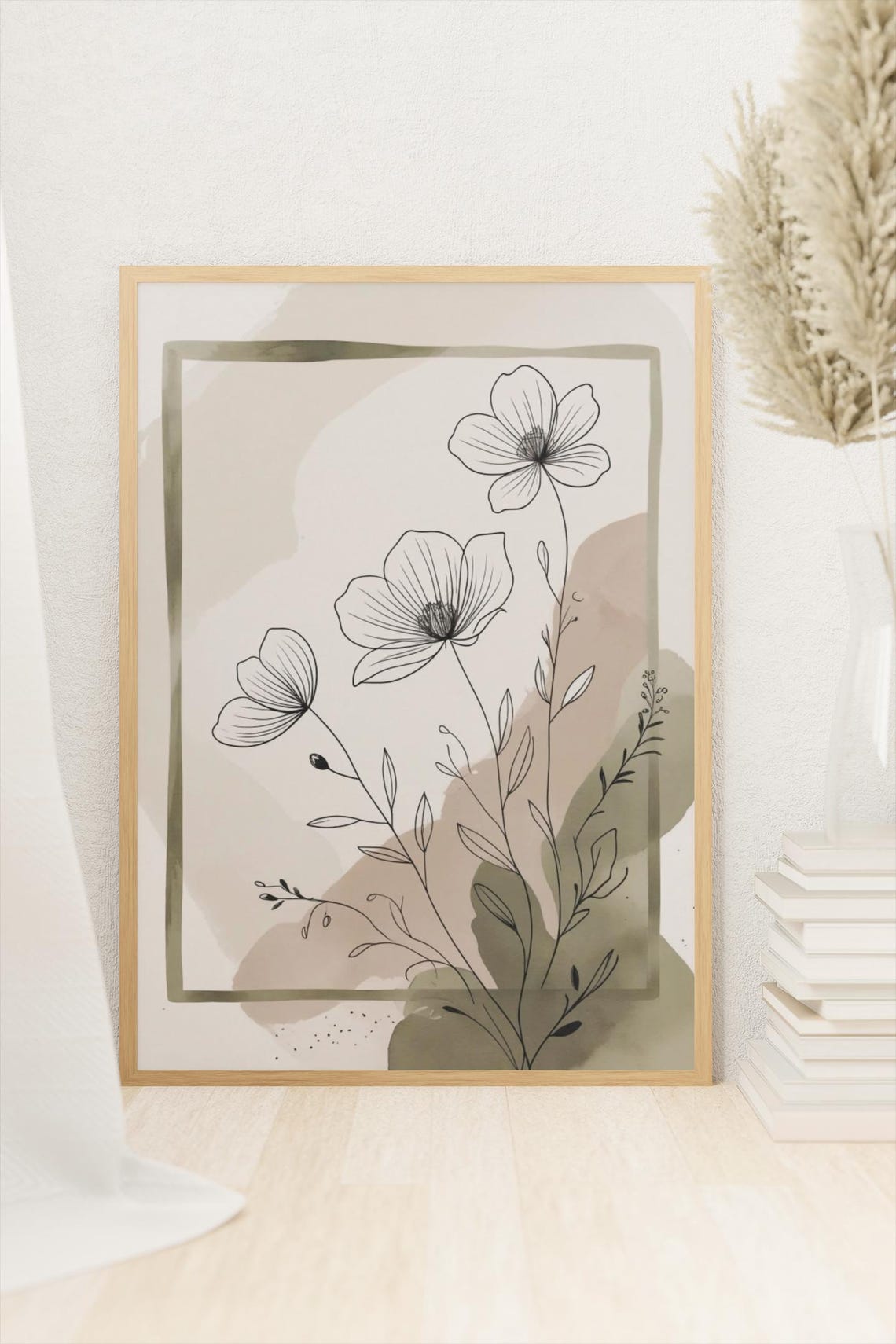 Minimalist Floral Line Art Neutral Beige Watercolor Botanical Poster