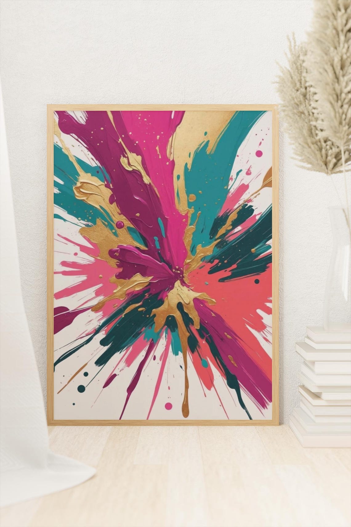 Teal Pink Gold Abstract Paint Splash Burst Modern Wall Art Decor