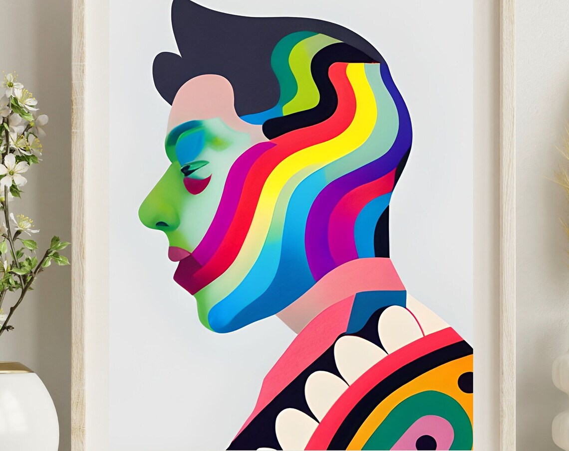 Boy Rainbow Wave Hair Side Profile Colorful Modern Portrait Print