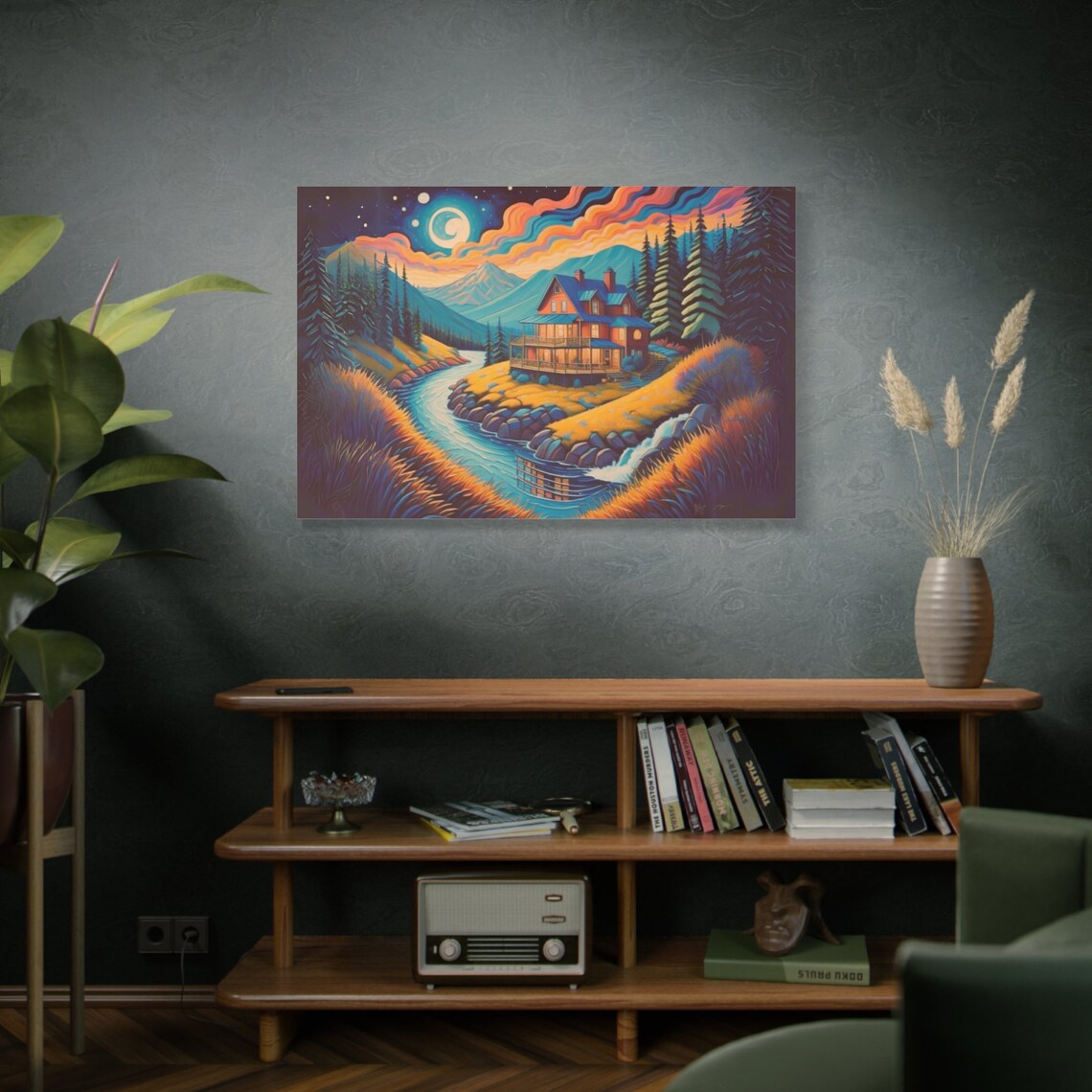 Mountain And Forest Landscape Wall Art House By The Lake Mountain House Painting River Painting Village House Gift - Image 2