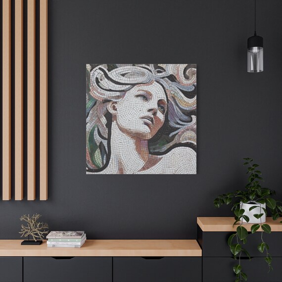 Mosaic Tile Woman Portrait Flowing Hair Earth Tones Classic Art Poster
