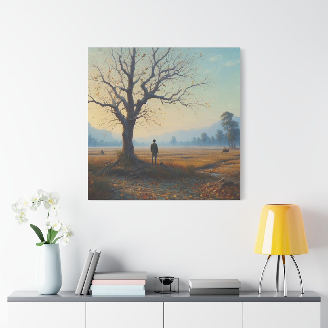 Lone Man Autumn Field Bare Tree Golden Dawn Landscape Art Poster - Image 4