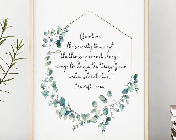 Serenity Prayer Eucalyptus Wreath Hexagon Script Typography Print