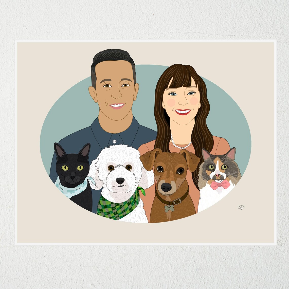 Couple With Four Dogs in Oval Frame Custom Family Portrait Poster - Image 3