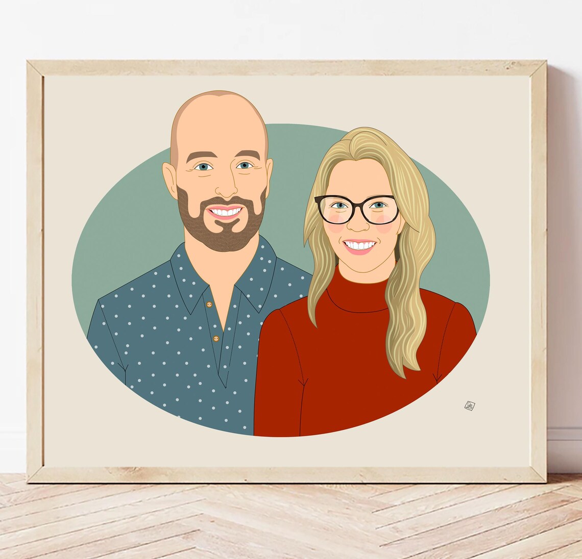 Bearded Couple Smiling Custom Illustrated Couple Portrait Poster - Image 6