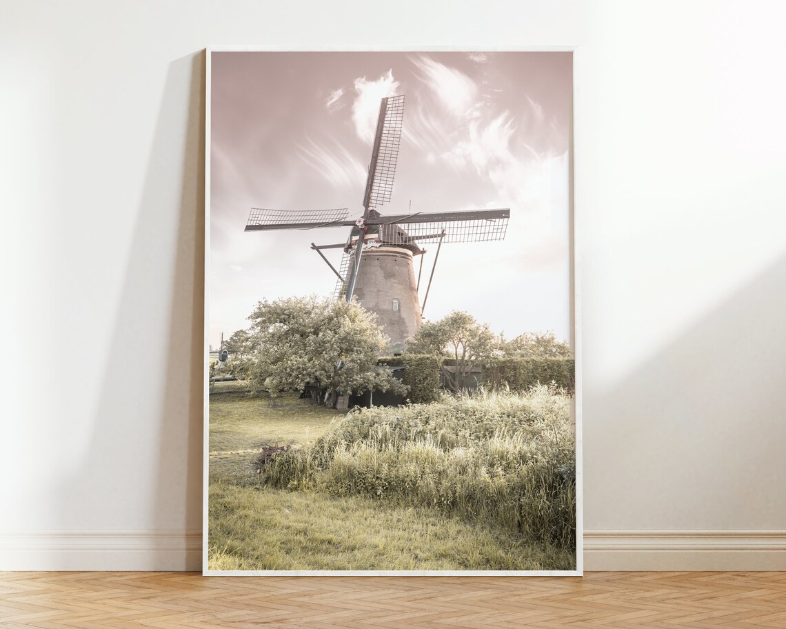 Dutch Windmill Print, Vintage Farmhouse Landscape