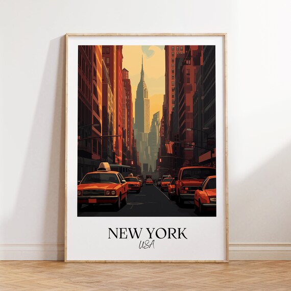 New York USA Yellow Taxi Street Chrysler Building Travel Poster