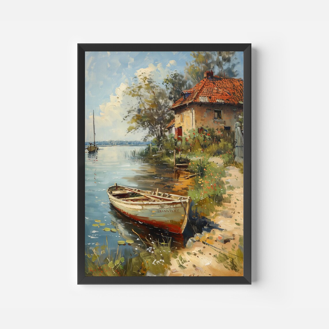 Summer Lakeside Cottage Oil Painting Vintage Boathouse Rowboat Poster - Image 2