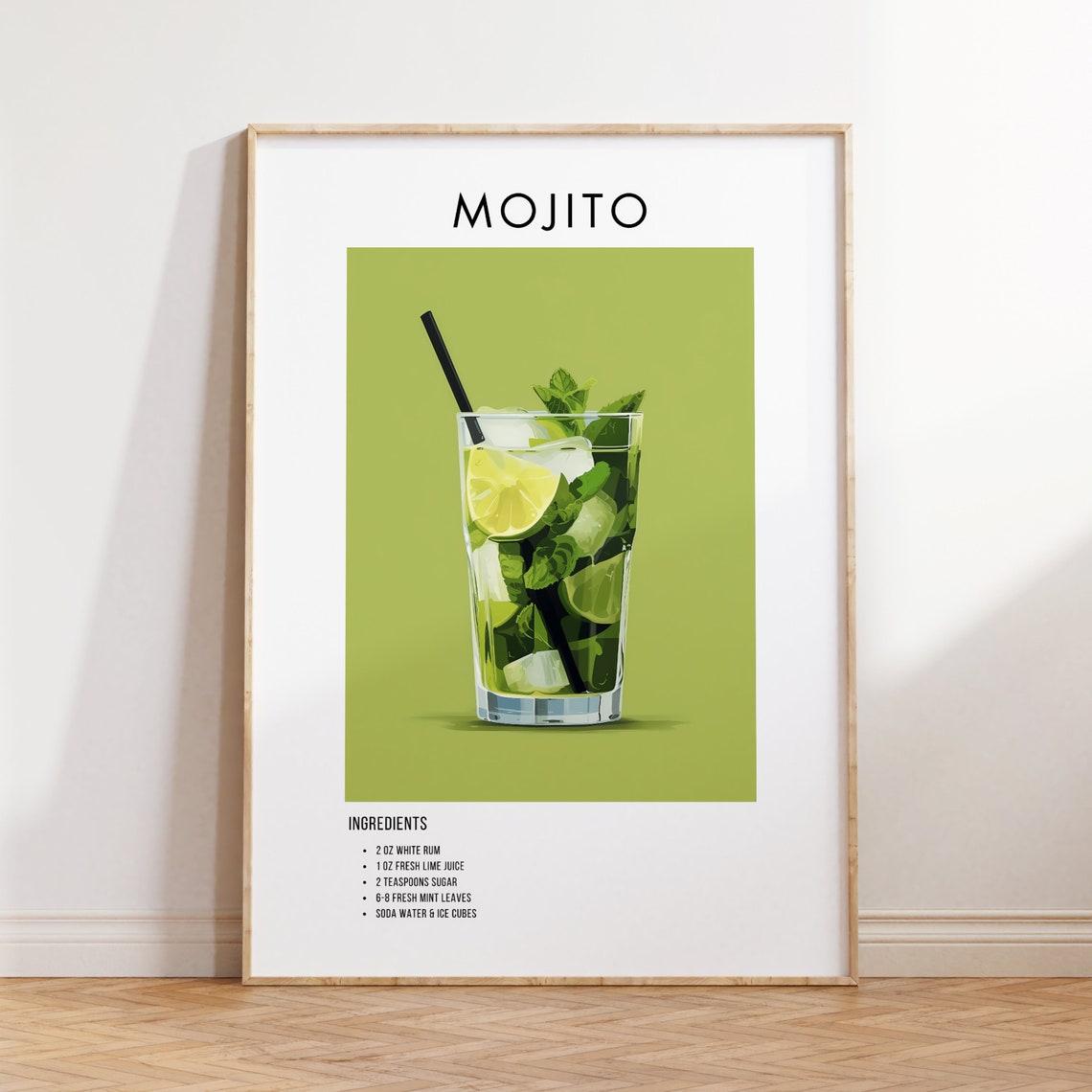 Mojito Cocktail Recipe Ingredients Vintage Green Bar Cart Print