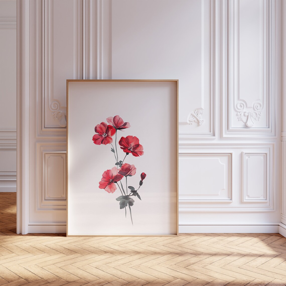 Red Geranium Watercolor Blooms Minimalist Botanical Art Poster - Image 2