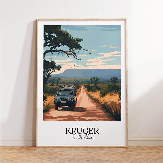 Kruger South Africa Safari Jeep Savannah Vintage Travel Poster