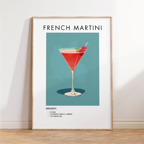 French Martini Raspberry Cocktail Minimalist Teal Bar Cart Print