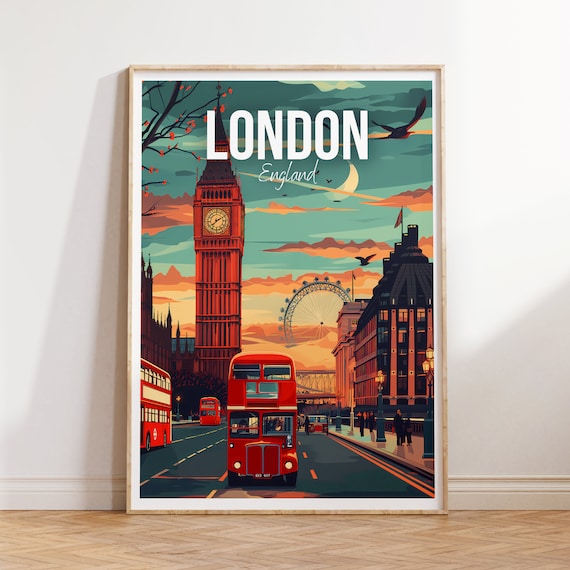 London England Big Ben Double Decker Bus Sunset Retro Travel Poster