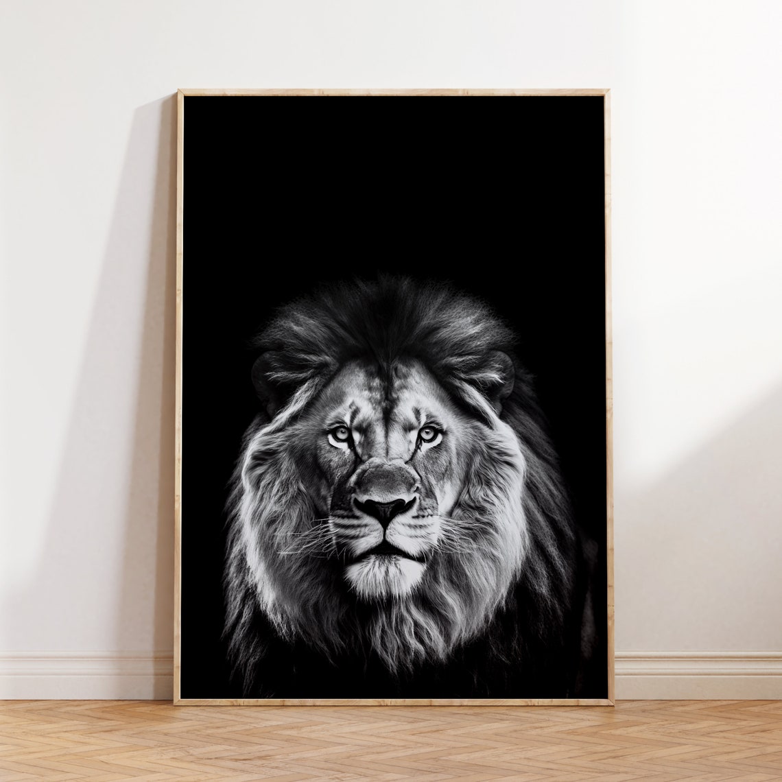 Striking Black Lion Face Portrait Dark Background Wildlife Poster