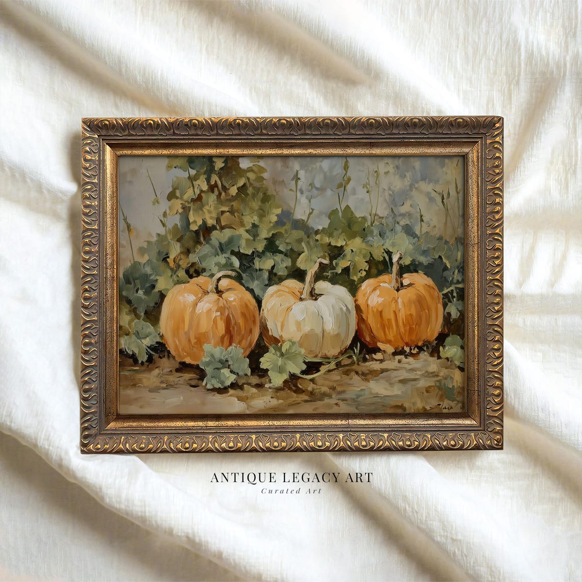 Three Orange and White Pumpkins Rustic Fall Harvest Painting Print