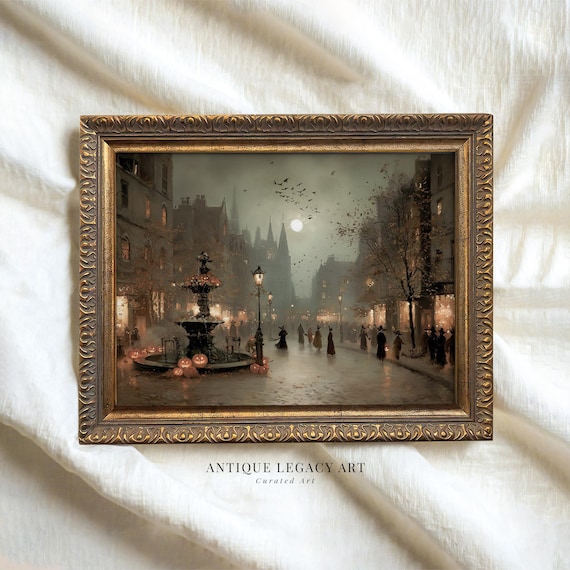 Halloween Gothic Town Painting Print Vintage Haunted Street Scene