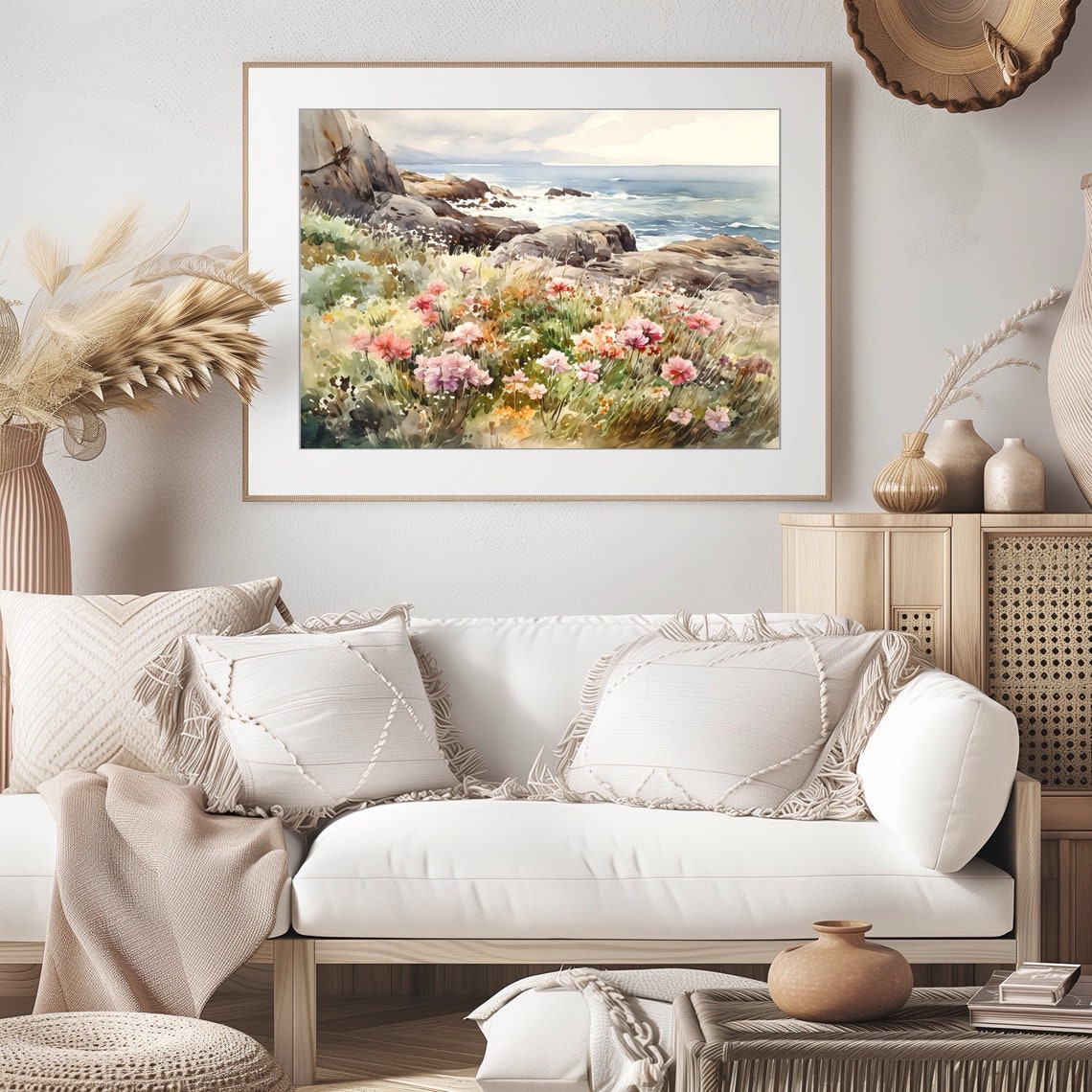 Pink Wildflowers Blooming Over Rocky Sea Cliff Watercolor Poster - Image 3