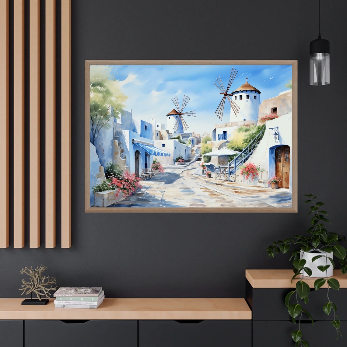 Santorini Greece Windmill Village Blue Dome Watercolor Poster - Image 3